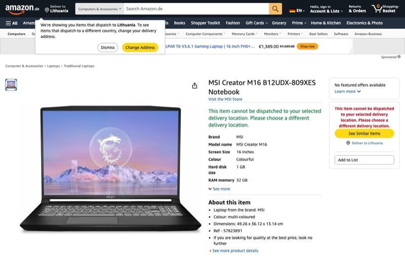 MSI Creator M16 B12UDX-809XES kaina Amazon.de — 1243,33 €