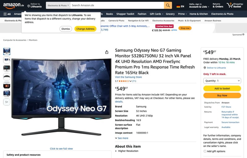 Samsung Odyssey Neo G7 Gaming S32BG750NU kaina Amazon.de — 549,07 €
