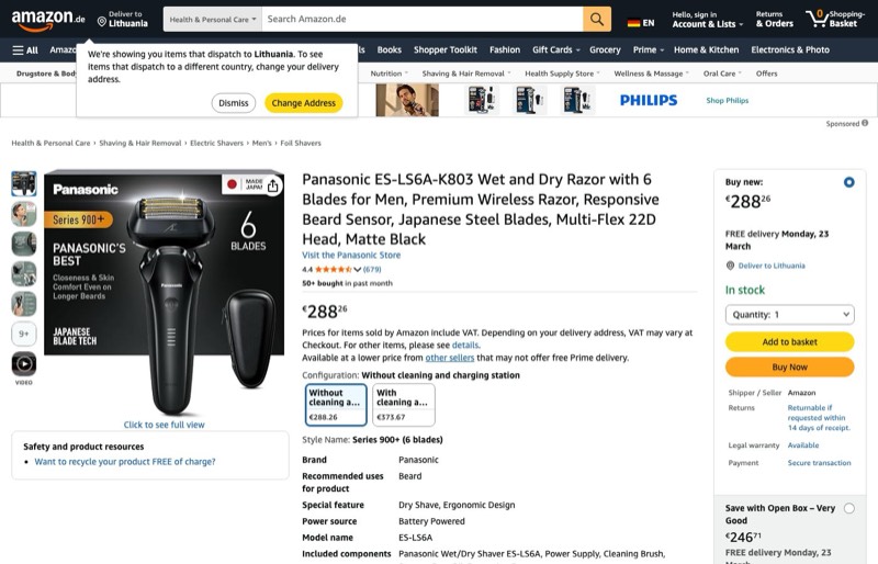 Panasonic ES-LS6A Series 900+ 6-Blade kaina Amazon.de — 288,26 €