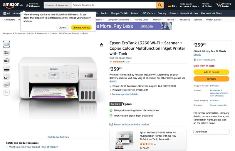 Epson EcoTank L3266 Wi-Fi + Scanner + Kopierer kaina Amazon.de — 259,29 €