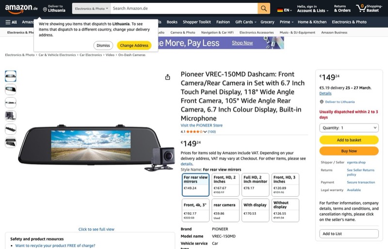 Pioneer VREC-150MD Dashcam: Frontkamera/Heckkamera Set 6 kaina Amazon.de — 149,24 €