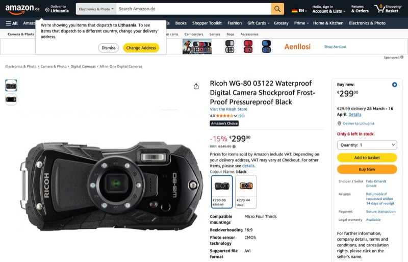 Ricoh WG-80 wasserdichte kaina Amazon.de — 299,00 €