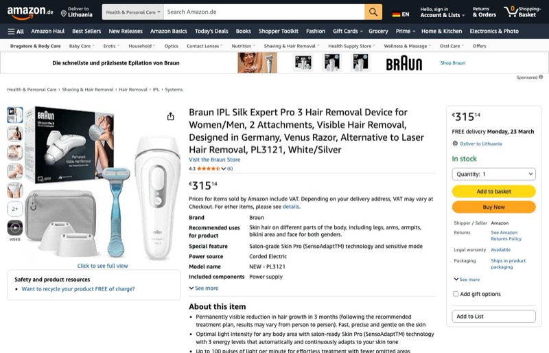 IPL Silk Expert Pro 3 Haarentfernungsgerät Damen/Herren kaina Amazon.de — 315,14 €