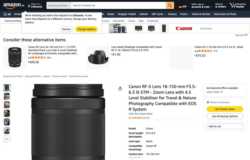 Canon RF-S Objektiv 18-150mm F3.5-6.3 IS STM kaina Amazon.de — 399,48 €