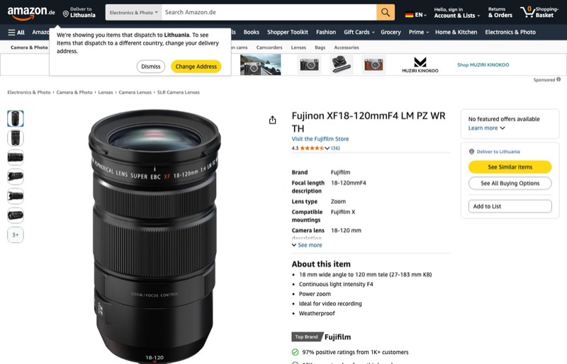 FUJINON XF18-120mmF4 LM PZ WR TH kaina Amazon.de — 795,00 €