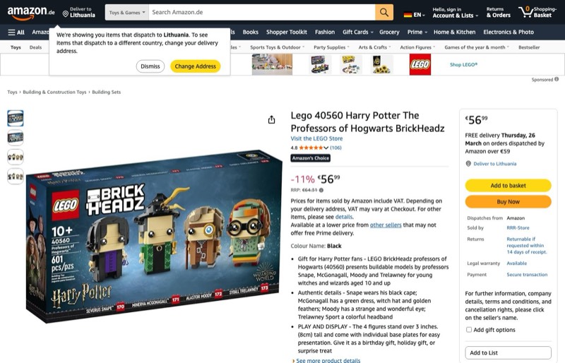 LEGO BrickHeadz 40560 kaina Amazon.de — 56,99 €