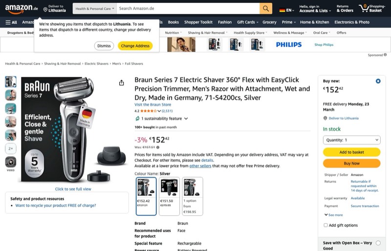 Series 7 Elektrorasierer 360° Flex EasyClick kaina Amazon.de — 152,42 €