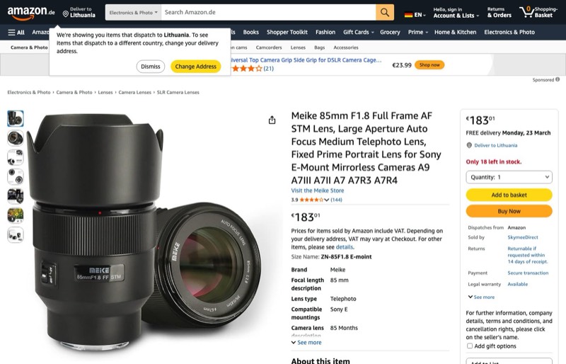 Meike 85 mm F1 kaina Amazon.de — 183,01 €