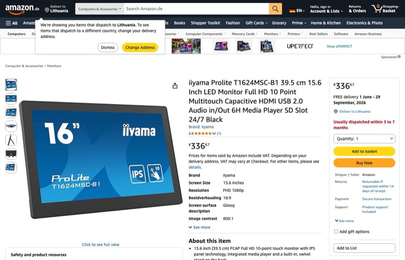 iiyama Prolite T1624MSC-B1 39 kaina Amazon.de — 336,67 €