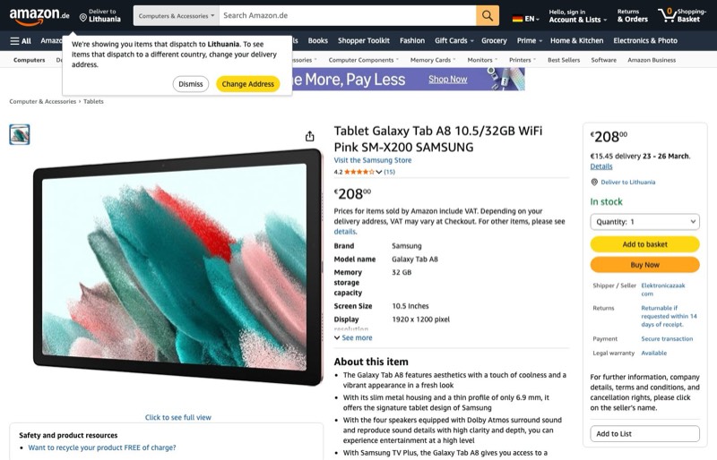 Samsung Galaxy Tab A8 10.5" 32GB Pink kaina Amazon.de — 208,00 €