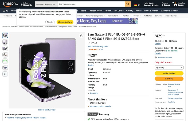 Samsung Galaxy Flip 4 512GB kaina Amazon.de — 429,99 €