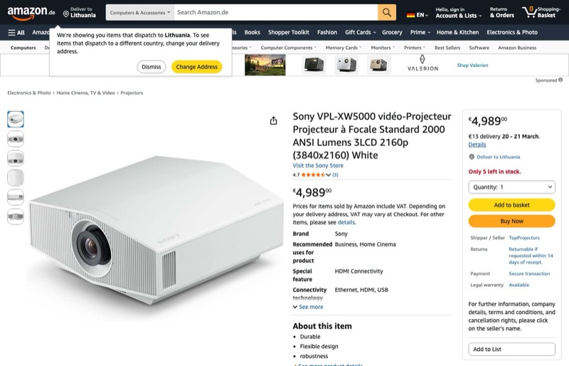 Sony VPL-XW5000 vidéo-projecteur Projecteur à focale 2000 kaina Amazon.de — 4989,00 €