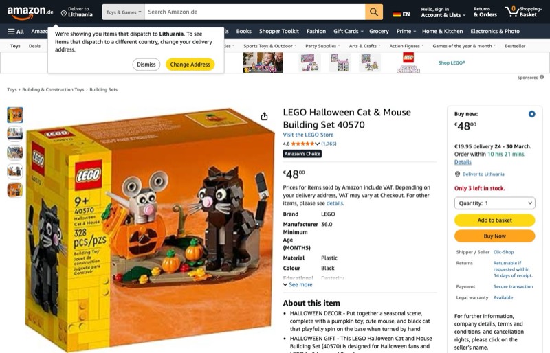 LEGO Halloween Cat & Mouse Building 40570 kaina Amazon.de — 48,00 €
