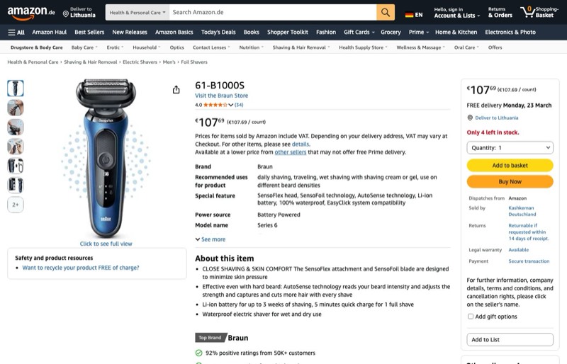 61-B1000S kaina Amazon.de — 107,69 €