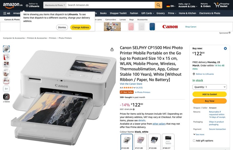 Canon SELPHY CP1500 Mini Fotodrucker mobil unterwegs (bis kaina Amazon.de — 122,00 €