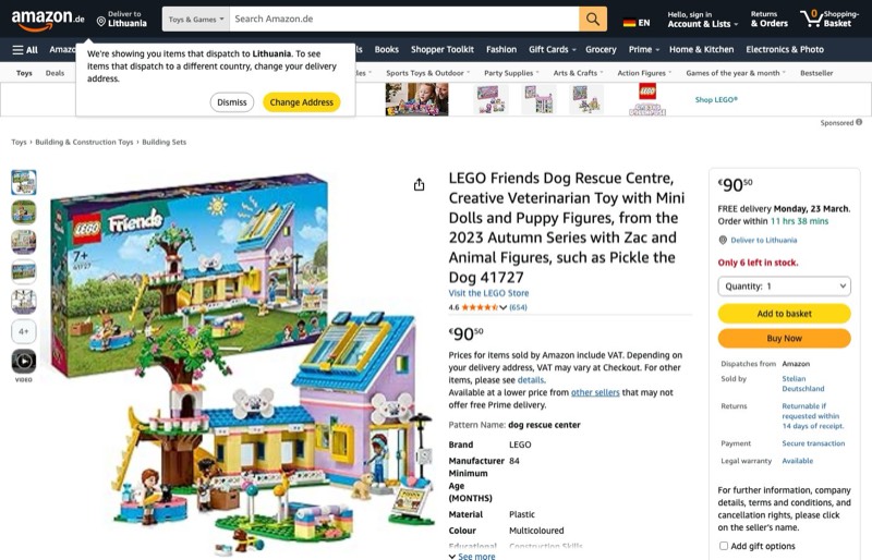 LEGO Friends Hunderettungszentrum 2023 kaina Amazon.de — 90,50 €