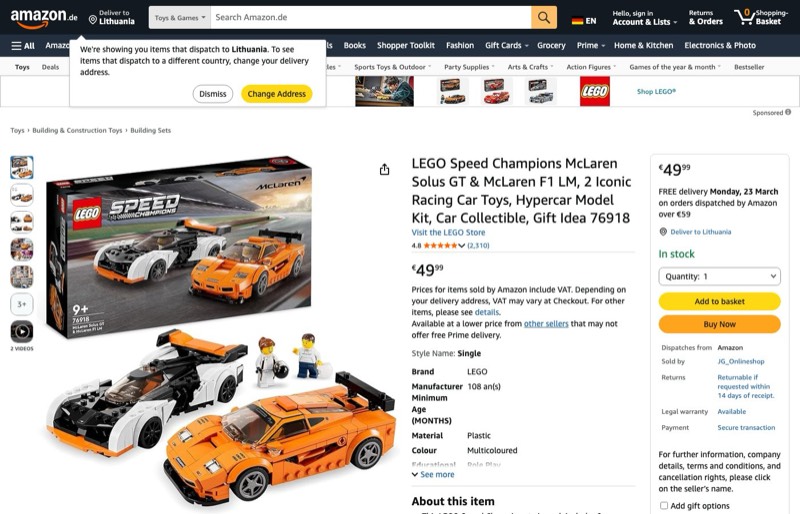 LEGO Speed Champions McLaren Solus GT 76918 kaina Amazon.de — 49,99 €