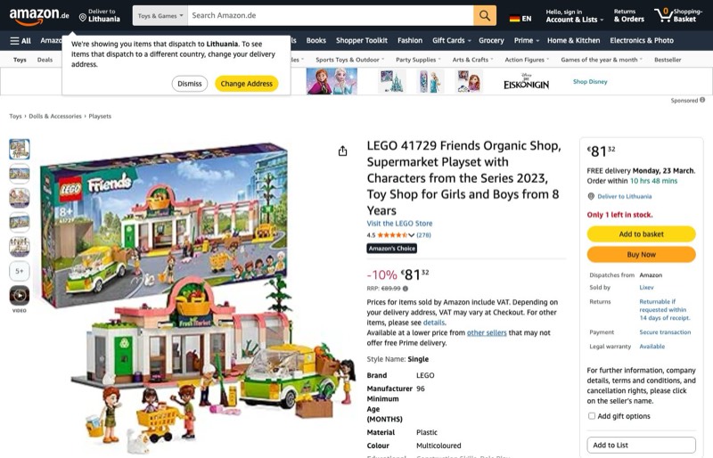 LEGO Friends Organic Shop 41729 kaina Amazon.de — 81,32 €