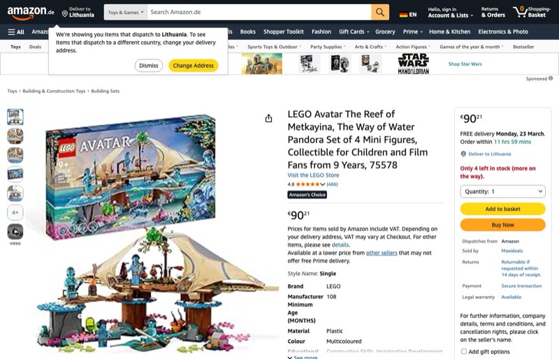 LEGO Avatar Reef of Metkayina 75578 kaina Amazon.de — 90,21 €