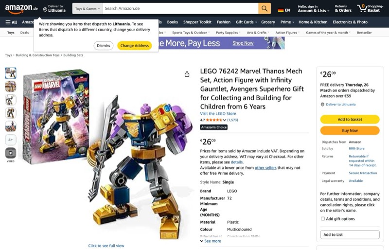LEGO Marvel Thanos Mech 76242 kaina Amazon.de — 26,09 €