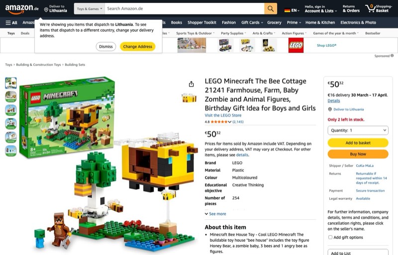 LEGO Minecraft 21241 kaina Amazon.de — 50,32 €