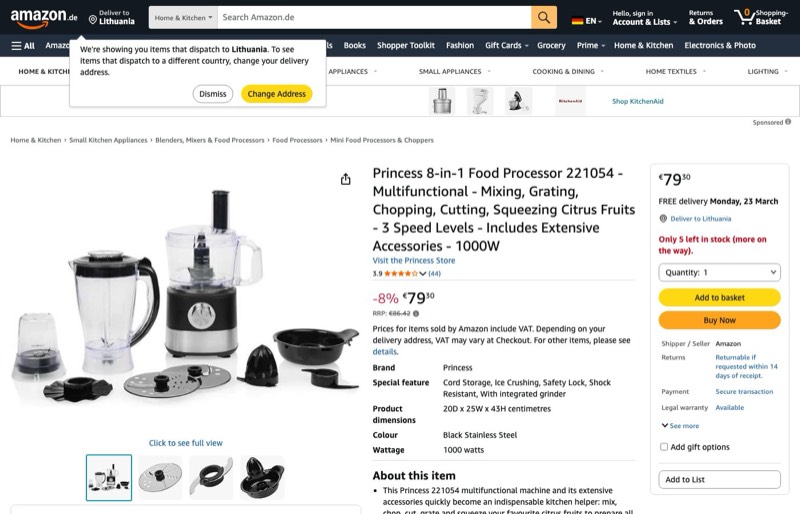 Princess 8-in-1 Küchenmaschine 221054 kaina Amazon.de — 79,10 €