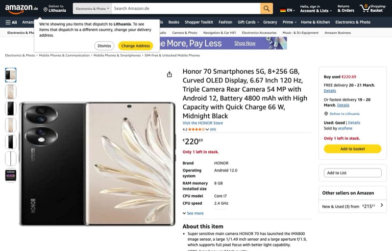 Honor 70 Smartphones kaina Amazon.de — 220,69 €