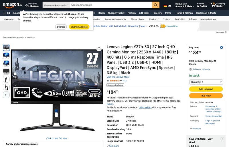 Lenovo Legion Y27h-30 27" QHD 180Hz kaina Amazon.de — 184,03 €