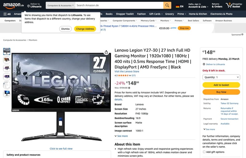 Lenovo Legion Y27-30 | 27" Full HD Gaming | 1920x1080 | kaina Amazon.de — 148,88 €