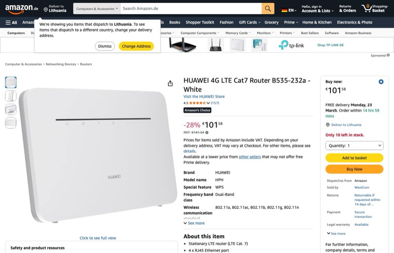 HUAWEI LTE Cat7 Router B535-232a kaina Amazon.de — 101,58 €