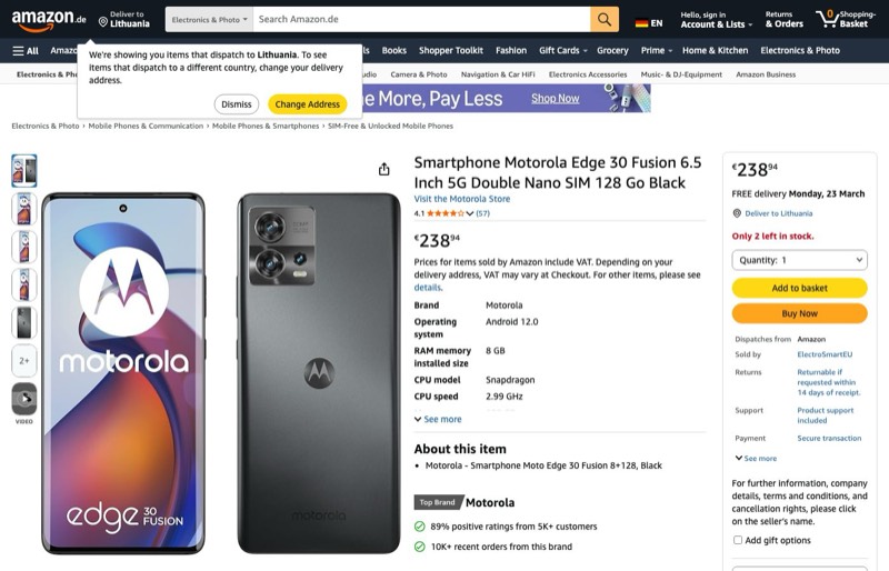 Motorola Edge 30 Fusion 6.5" Double nano SIM 128 Go Noir kaina Amazon.de — 238,94 €