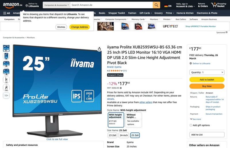 iiyama Prolite XUB2595WSU-B5 63 kaina Amazon.de — 177,83 €