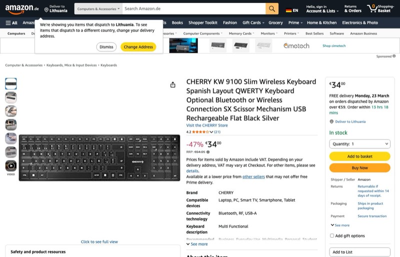 CHERRY KW 9100 Slim kaina Amazon.de — 34,00 €