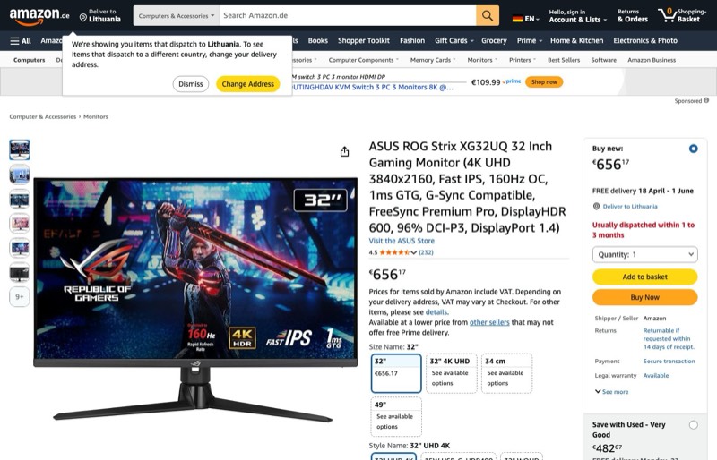 ASUS ROG Strix XG32UQ Gaming (4K UHD 3840x2160 kaina Amazon.de — 656,17 €