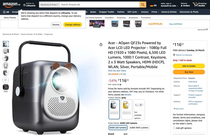 Acer AOpen QF23s Full HD Projector kaina Amazon.de — 116,52 €