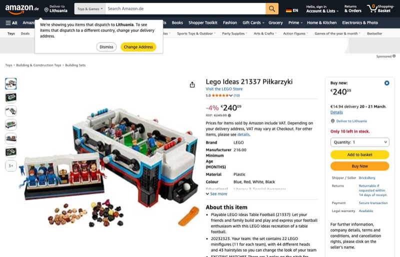 LEGO Ideas Piłkarzyki 21337 kaina Amazon.de — 240,09 €