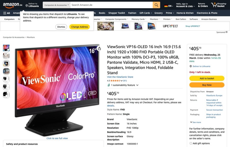 ViewSonic VP16-OLED 16" 16:9 1920 x1080 FHD OLED with 100% kaina Amazon.de — 405,70 €