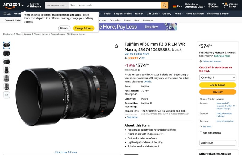 Fujifilm XF30mm F2.8 R LM WR Macro kaina Amazon.de — 574,50 €