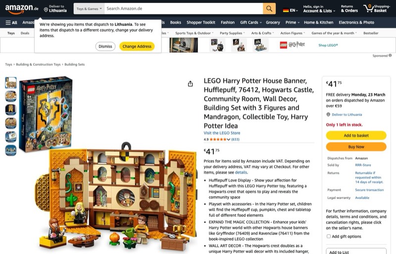 LEGO Harry Potter Hausbanner 76412 kaina Amazon.de — 41,75 €