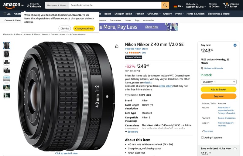 Nikon Nikkor Z 40mm f/2.0 SE kaina Amazon.de — 243,02 €