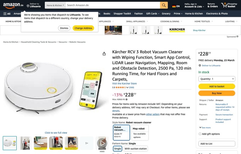 Kärcher RCV 3 kaina Amazon.de — 228,77 €