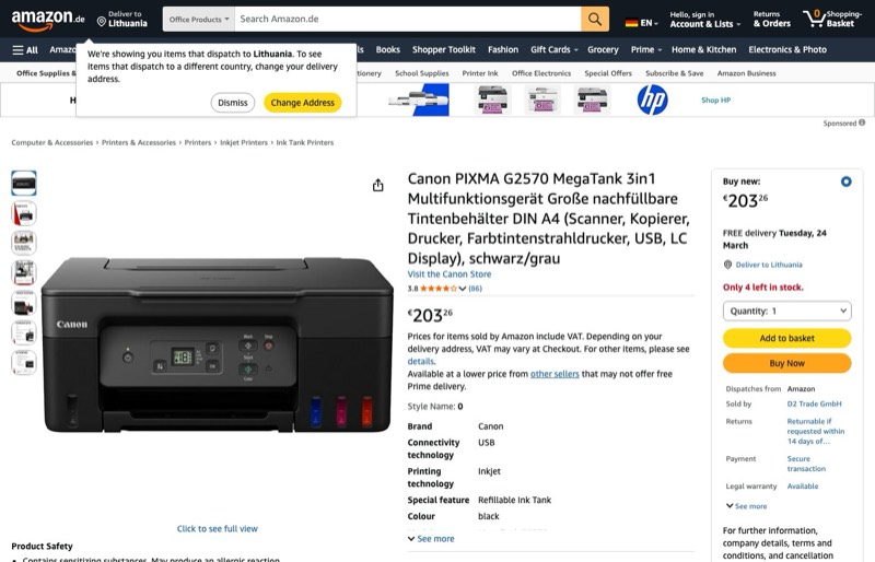 Canon PIXMA G2570 MegaTank 3in1 Multifunktionsgerät Große kaina Amazon.de — 203,26 €