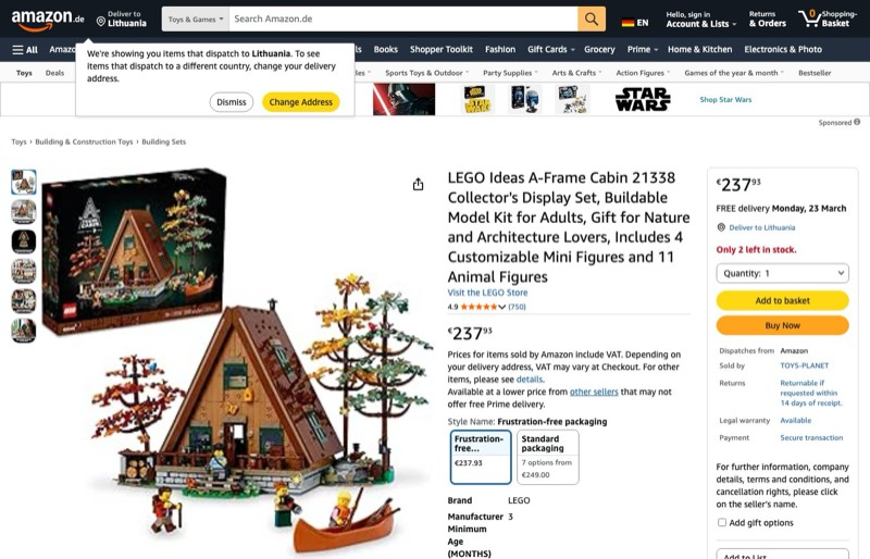 LEGO Ideas A-Frame Cabin 21338 kaina Amazon.de — 237,93 €