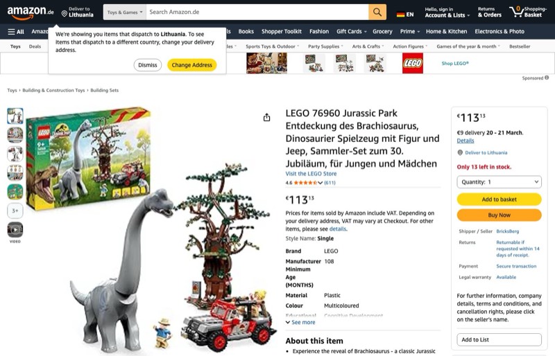 LEGO Jurassic Park Entdeckung des Brachiosaurus 76960 kaina Amazon.de — 113,13 €