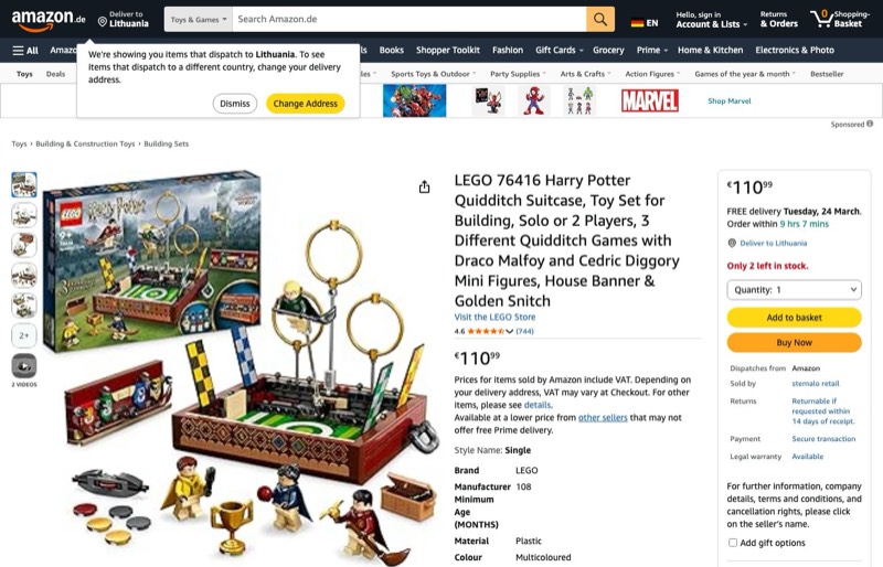LEGO Harry Potter Quidditch Koffer 76416 kaina Amazon.de — 110,99 €