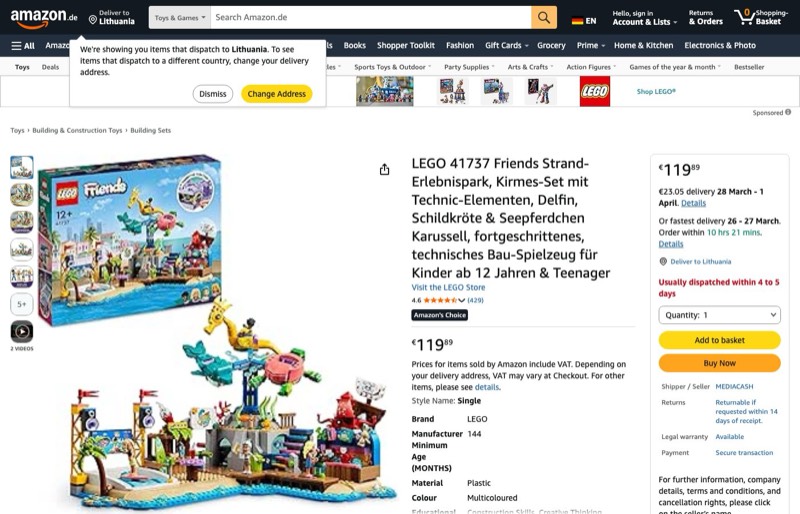 LEGO Friends Strand-Erlebnispark 41737 kaina Amazon.de — 119,89 €