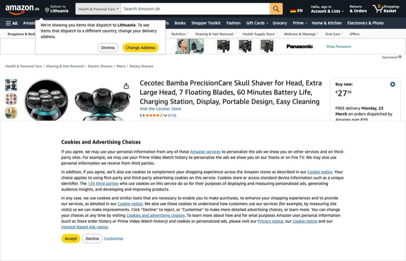 Cecotec PrecisionCare Skull Shaver kaina Amazon.de — 27,36 €