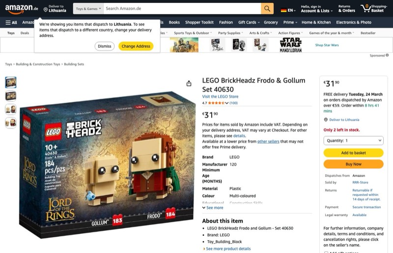 LEGO BrickHeadz Frodo & Gollum 40630 kaina Amazon.de — 31,90 €
