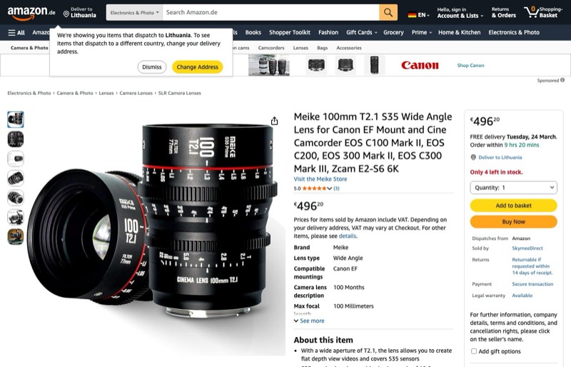 Meike 100 mm T2.1 S35 Weitwinkelobjektiv Canon EF Mount kaina Amazon.de — 496,20 €