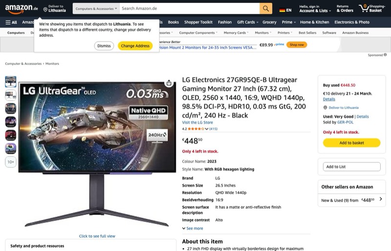 LG Electronics 27GR95QE-B Ultragear Gaming 27" (67 kaina Amazon.de — 448,50 €